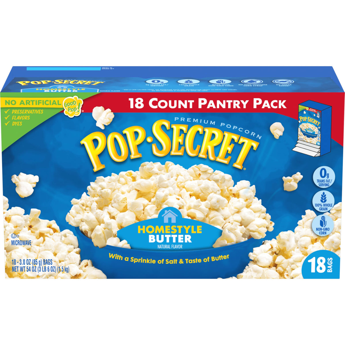 Pop Secret homestyle butter popcorn bags with non-GMO kernels for quick, shareable snacking.