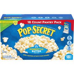 Pop Secret homestyle butter popcorn bags with non-GMO kernels for quick, shareable snacking.