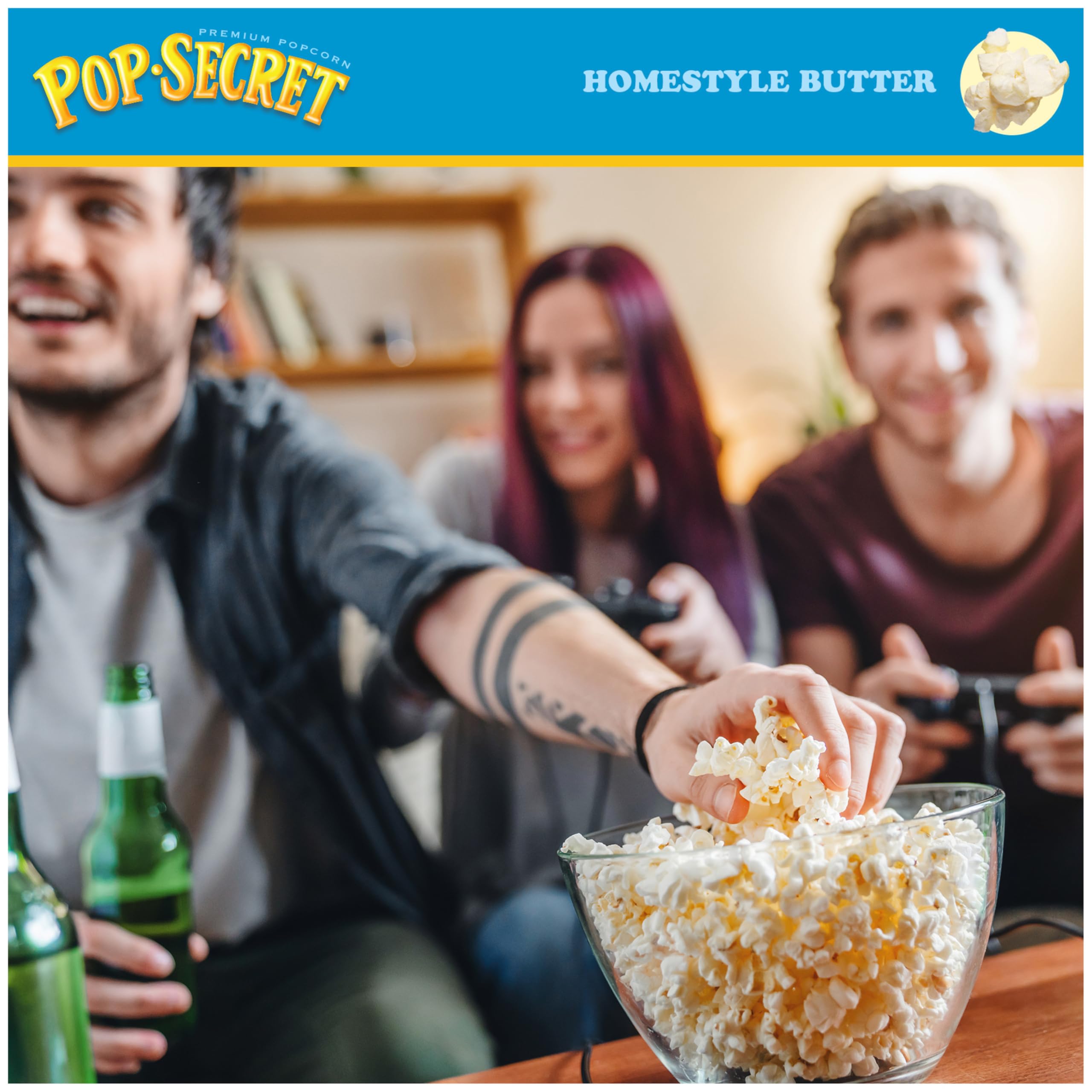 Pop Secret light, airy crunch highlights fluffy texture for couch cinema.