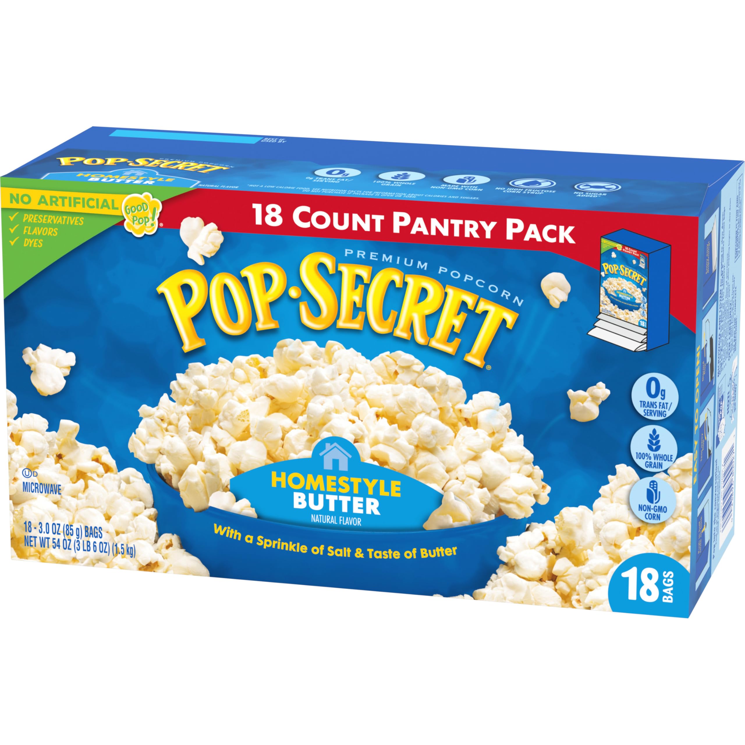 Pop Secret compact box on pantry shelf for convenient storage.