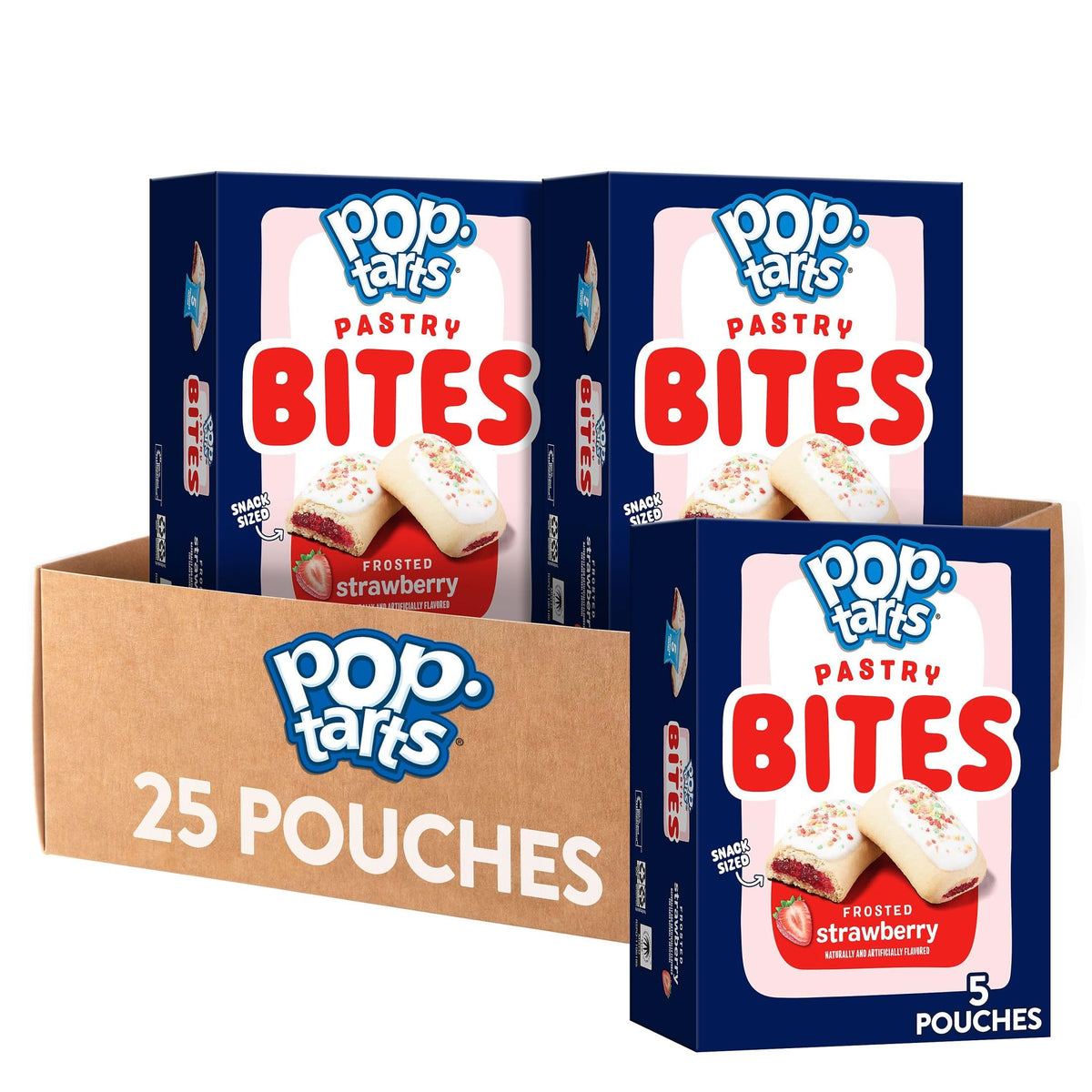 Pop-Tarts Bites Frosted Strawberry packaging showcases portable snack convenience for busy families.