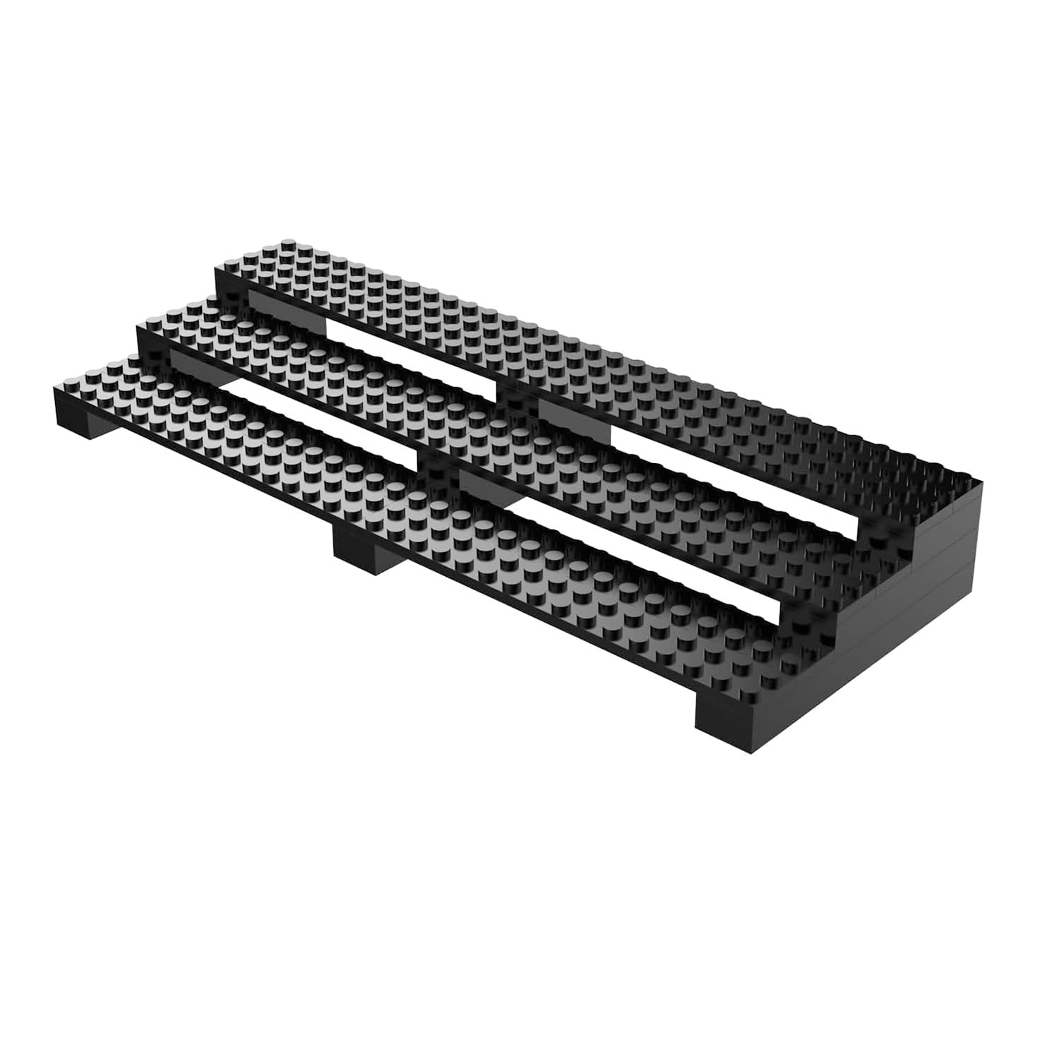 PopBricks display stand in black with a three-tier layout for easy minifigure display.