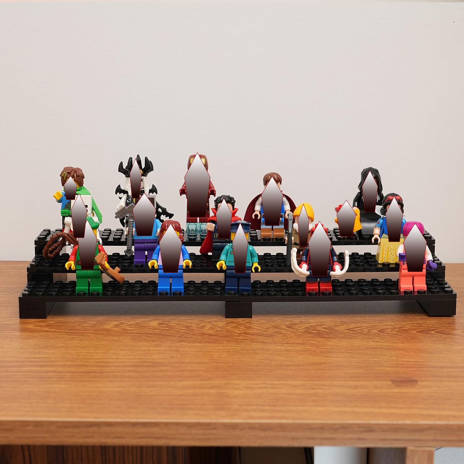 PopBricks three-tier stand avoids clutter while keeping figures visible from all angles.