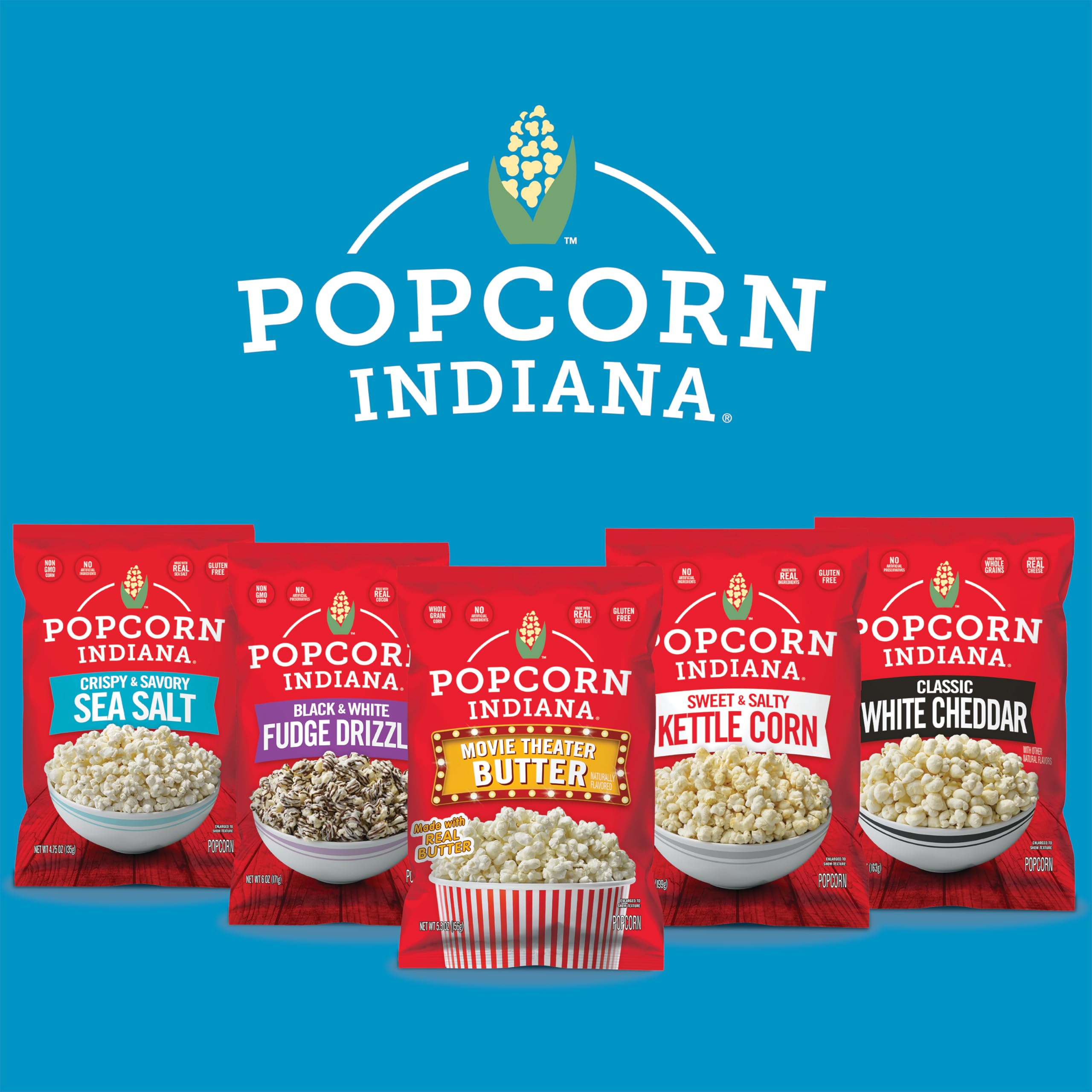 Popcorn Indiana heartland USA origin highlights fresh, American-grown corn.