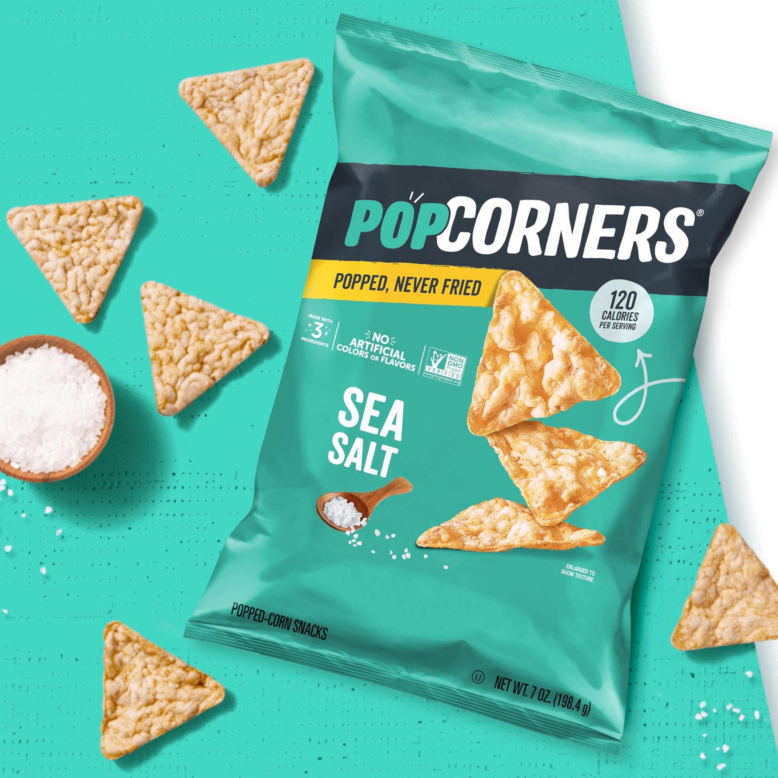 Kosher certification seal next to sea-salt flavor label on PopCorners