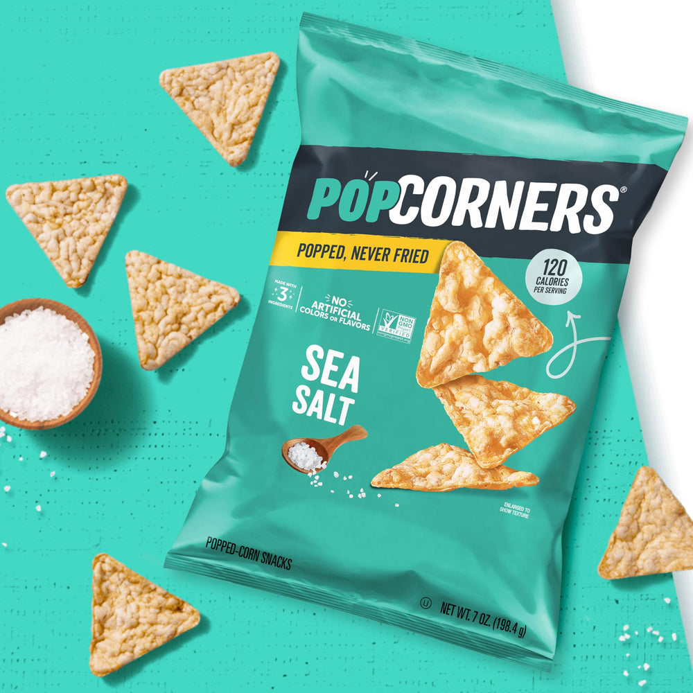 Kosher certification seal next to sea-salt flavor label on PopCorners