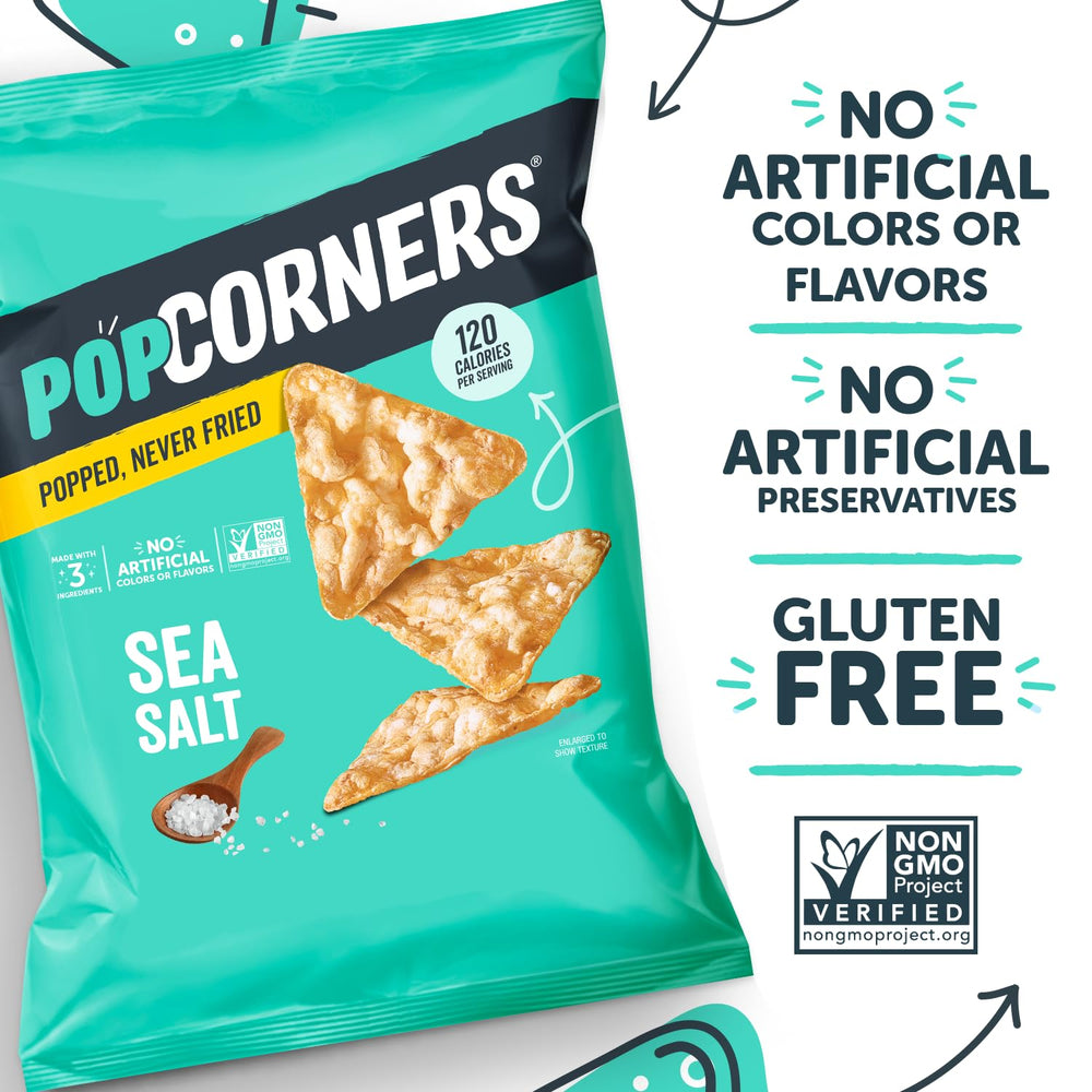 Non-GMO verified badge beside sea-salt packaging on PopCorners