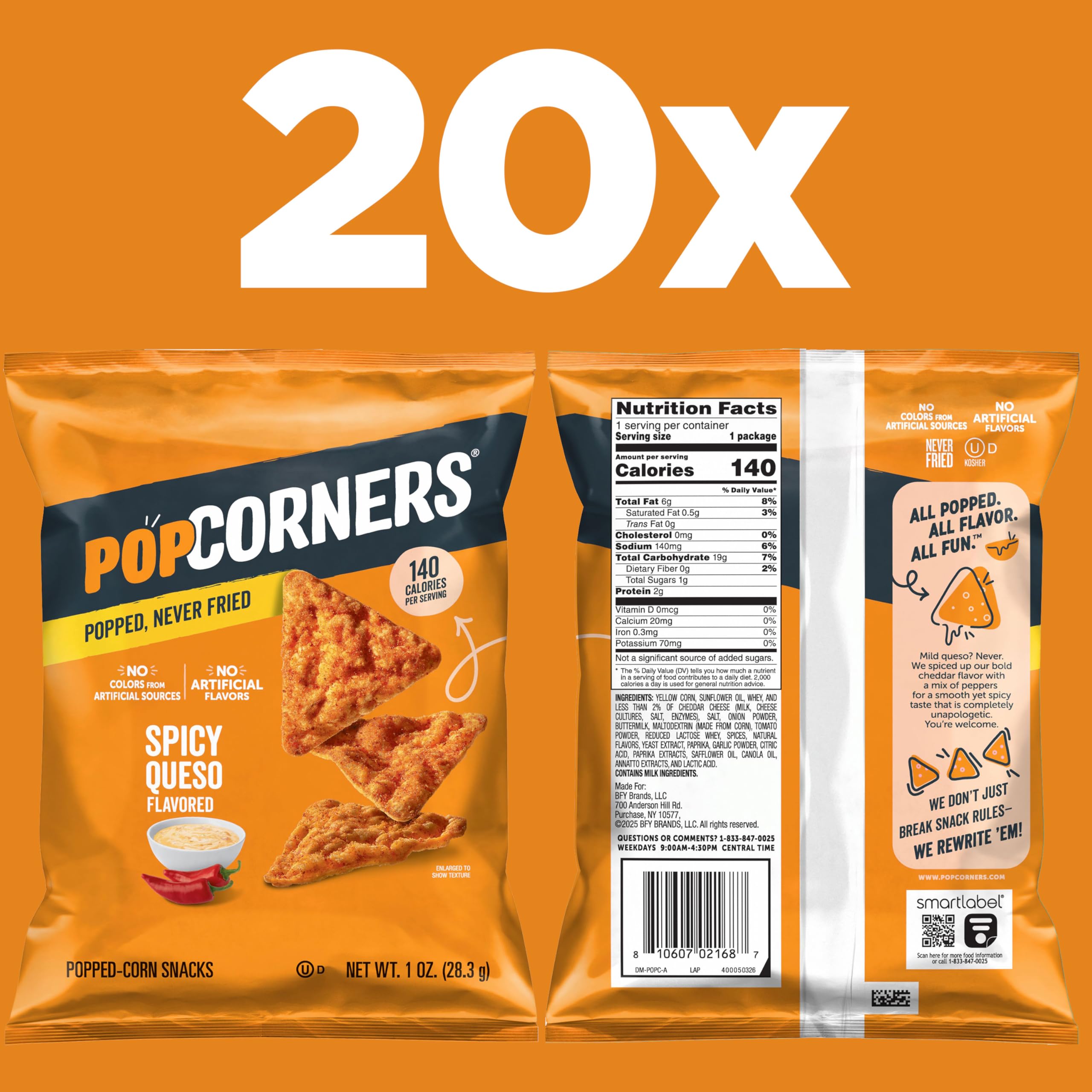 PopCorners Spicy Queso crisp-snack close-up emphasizes crunchy texture.