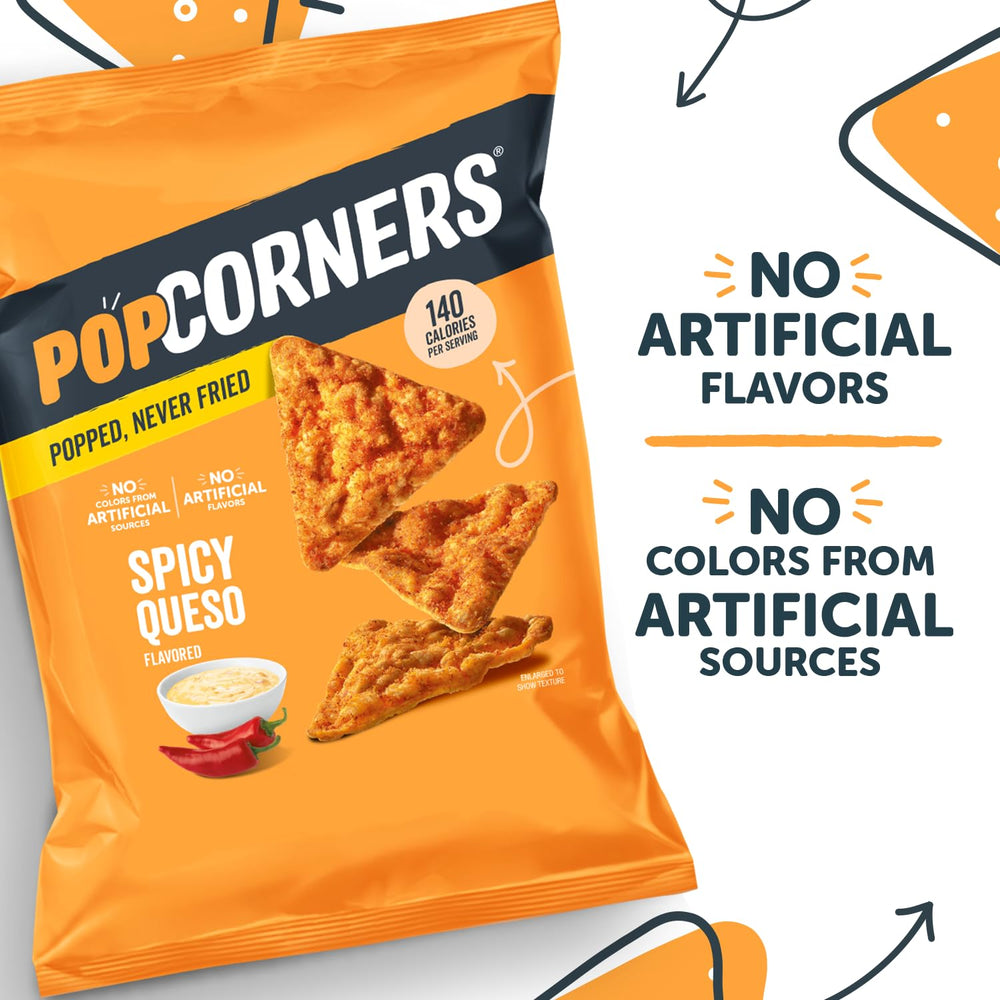PopCorners Spicy Queso heat-and-cheddar contrast evokes fiesta-inspired flavor.
