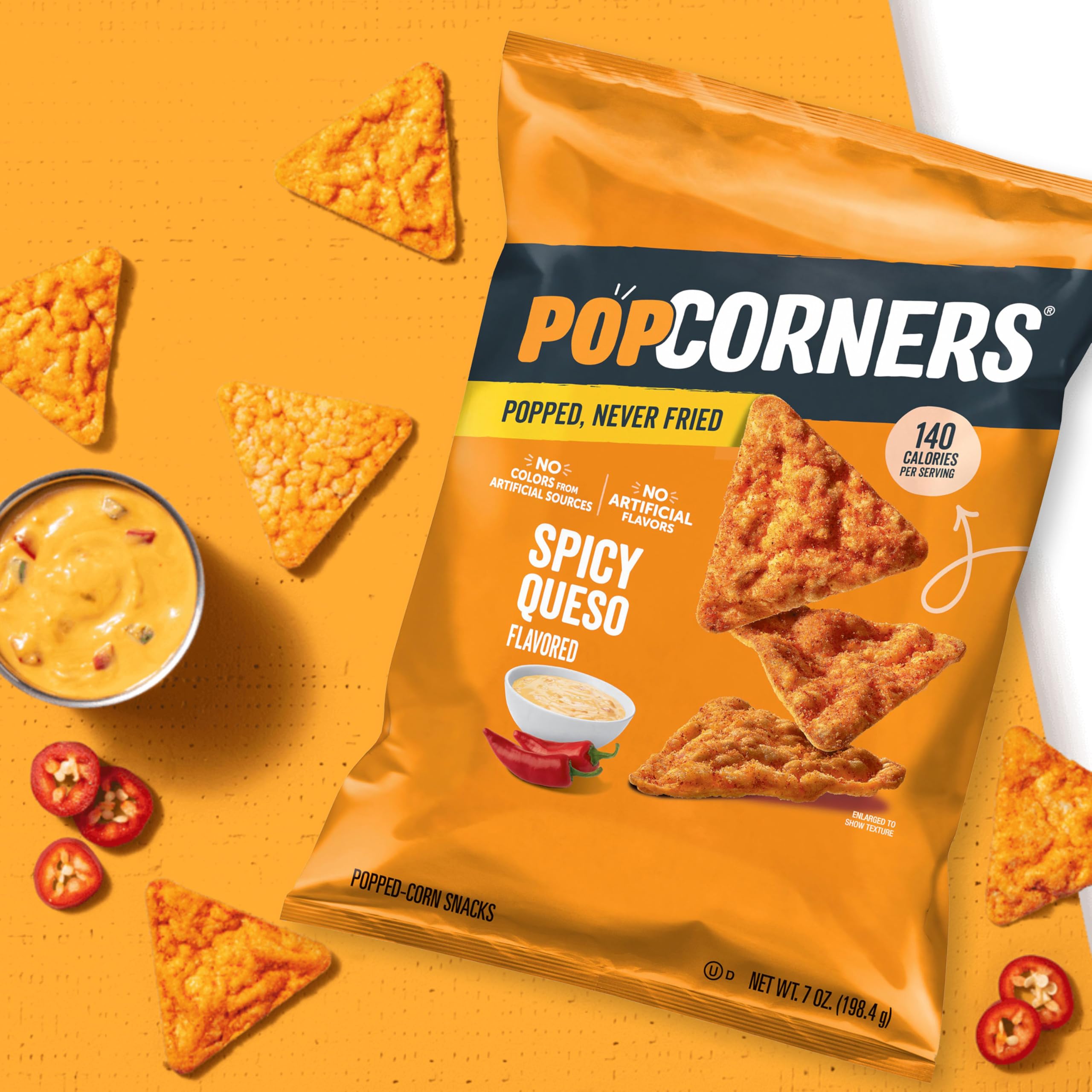 PopCorners Spicy Queso on-the-go-snack captured in motion.