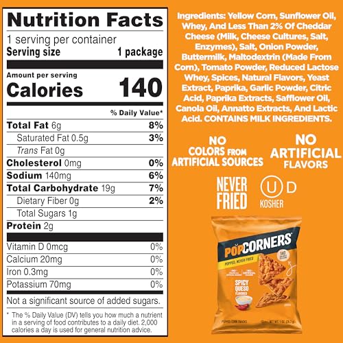 PopCorners Spicy Queso packaging-variant image highlights convenient 20-pack variety.