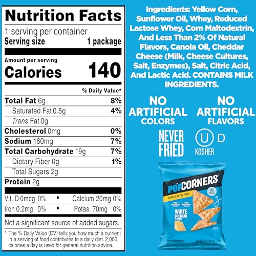 PopCorners White Cheddar close-up texture, ideal for quick lunchbox snacks.