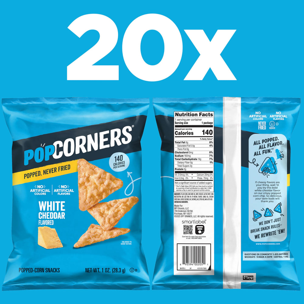 PopCorners White Cheddar 20-pack, ready-to-eat snack for busy days.