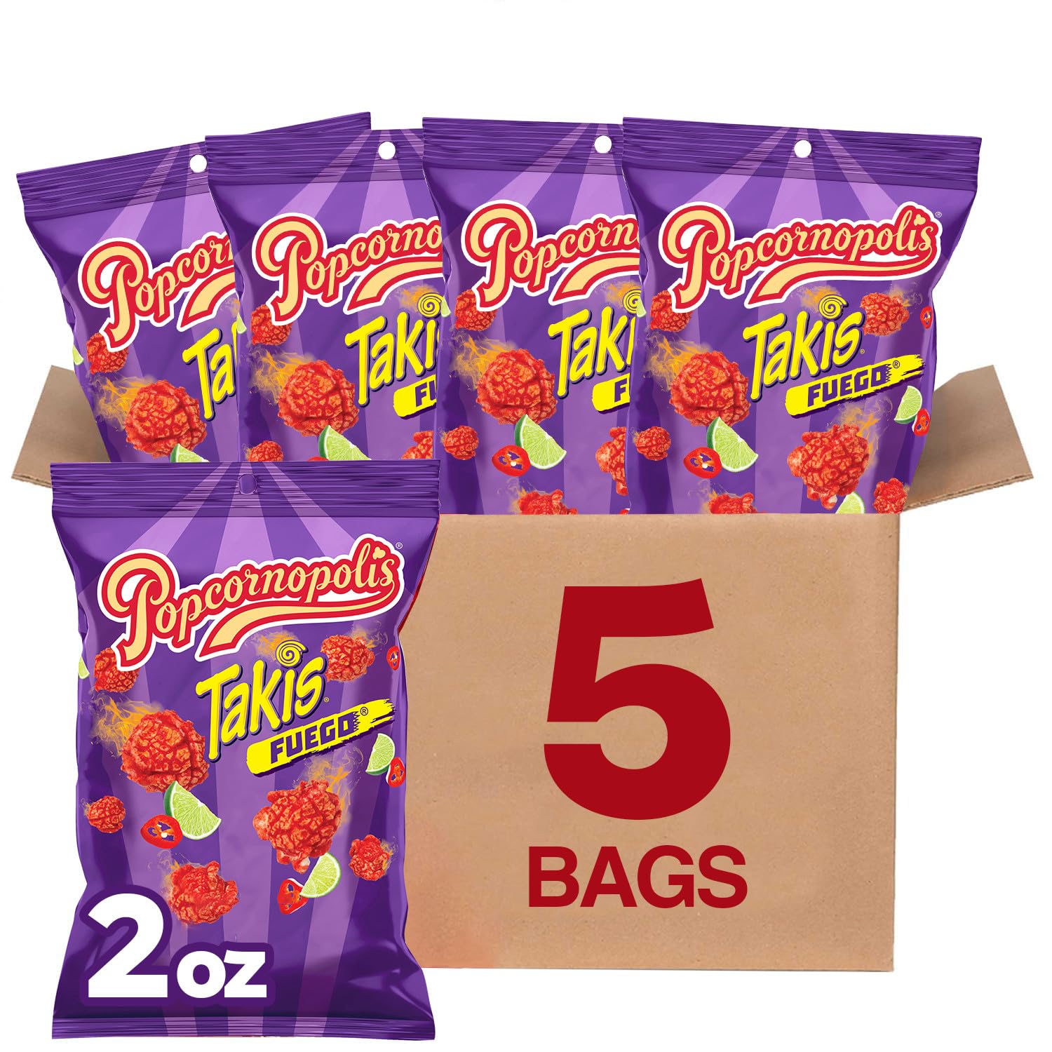 Popcornopolis Fuego Takis 5ct bag front shows bold hot pepper and lime flavor.