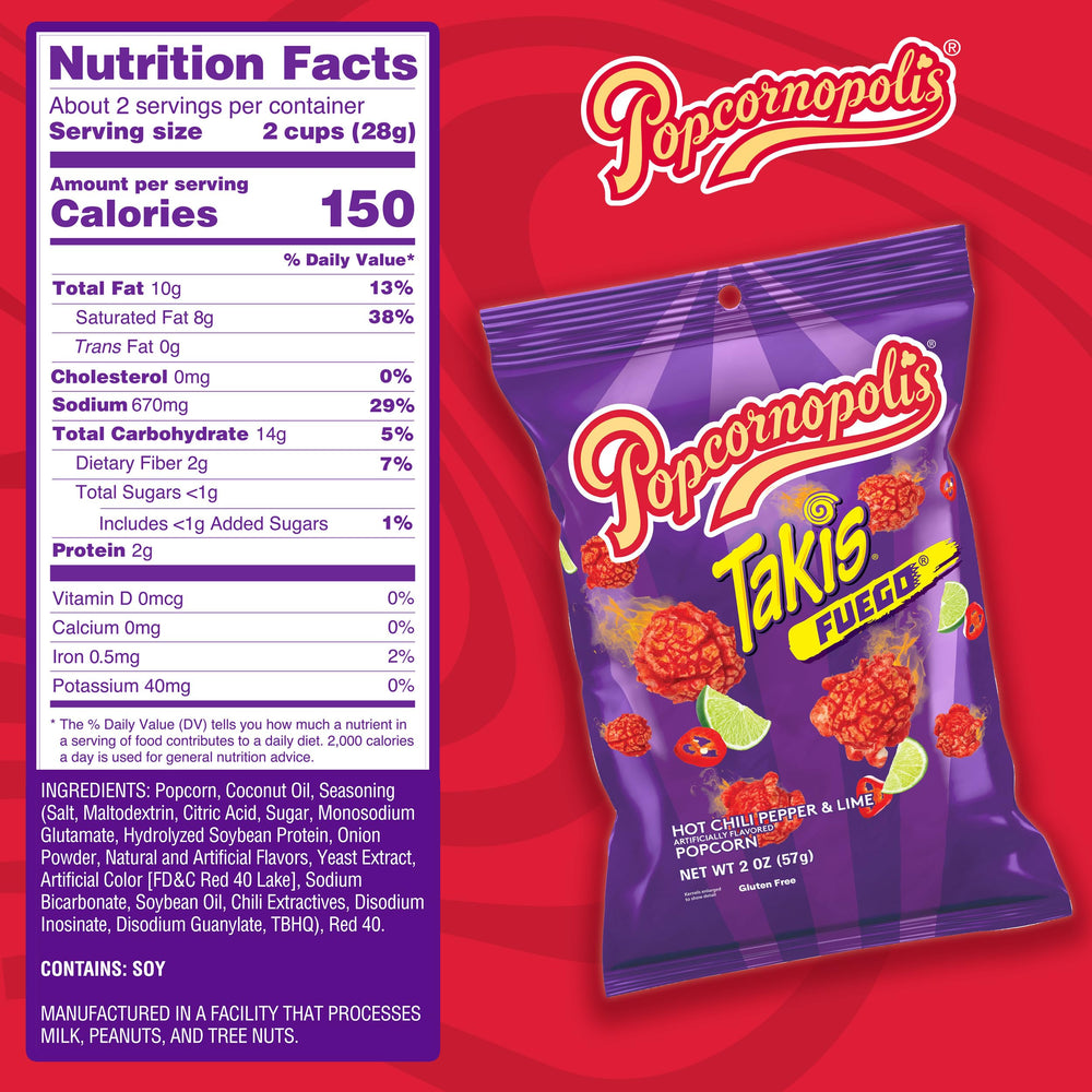 Popcornopolis Fuego Takis texture close-up reveals fiery coating and lime zing.