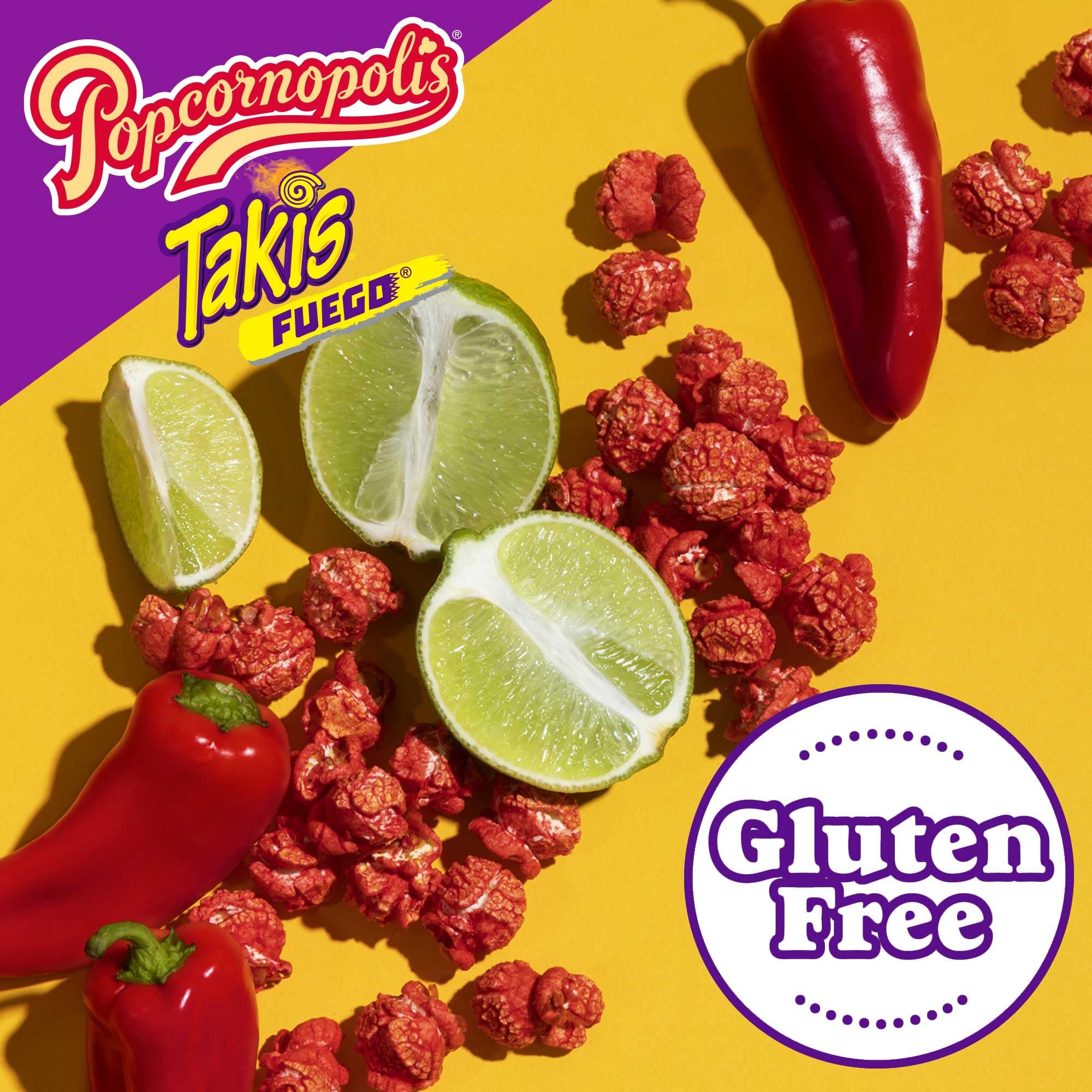 Popcornopolis Fuego Takis bag side features gluten-free note for snack lovers.