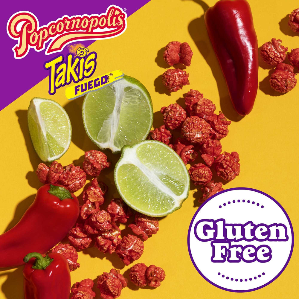 Popcornopolis Fuego Takis bag side features gluten-free note for snack lovers.