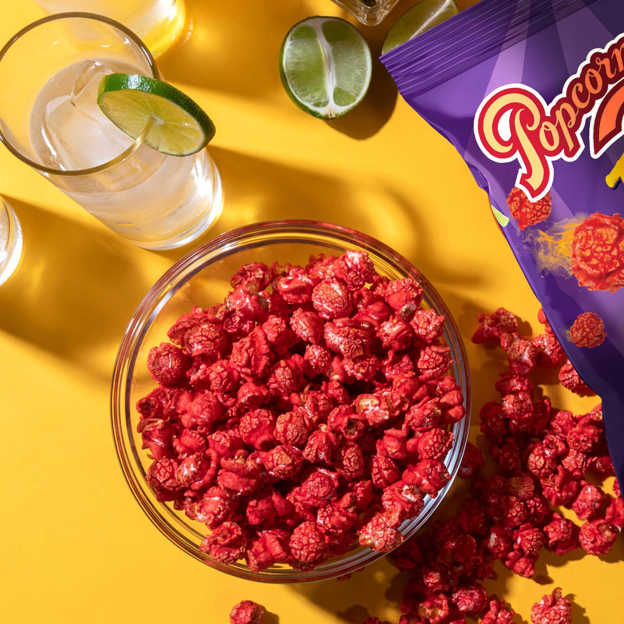 Popcornopolis Fuego Takis 5ct packaging close-up highlights product packaging.