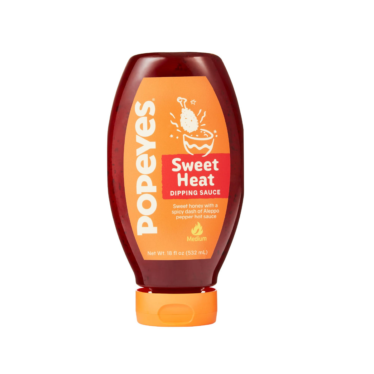 Popeyes Sweet Heat Dipping Sauce bottle front showing honey glaze and spice for dipping