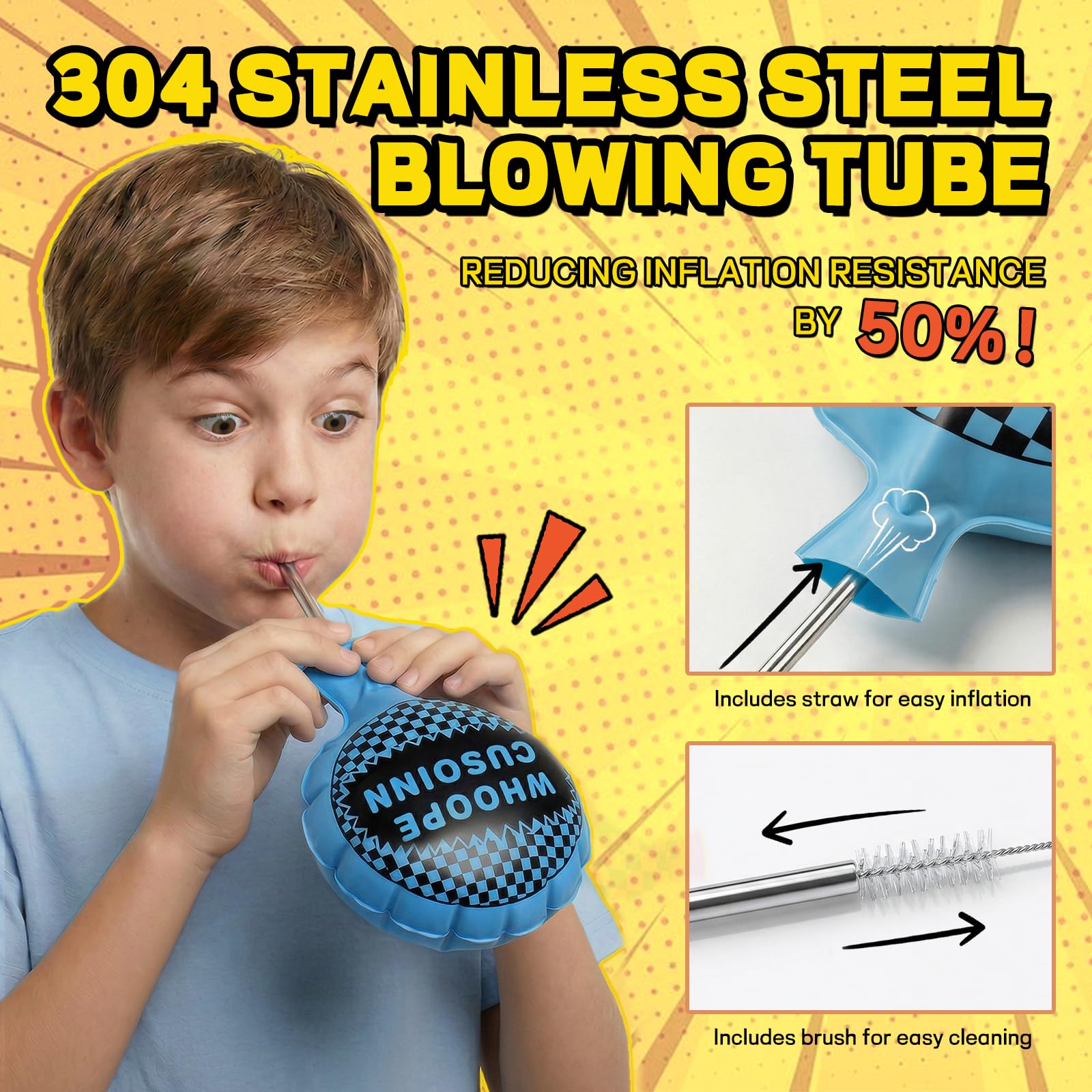 POPLAY stainless steel blowing tubes included for easy inflation and hygiene