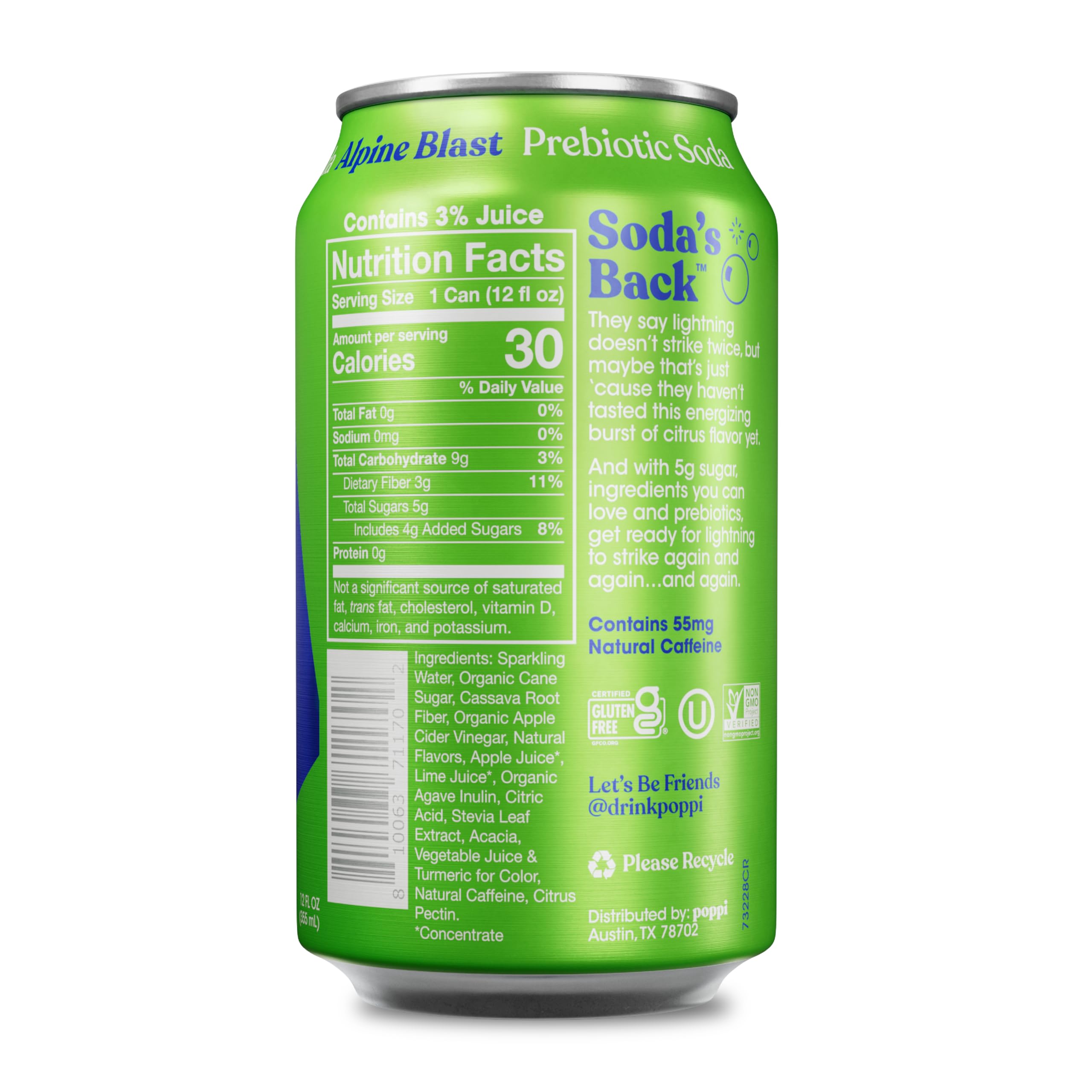 Poppi Alpine Blast bottle angled, showcasing natural caffeine and fruity flavor.