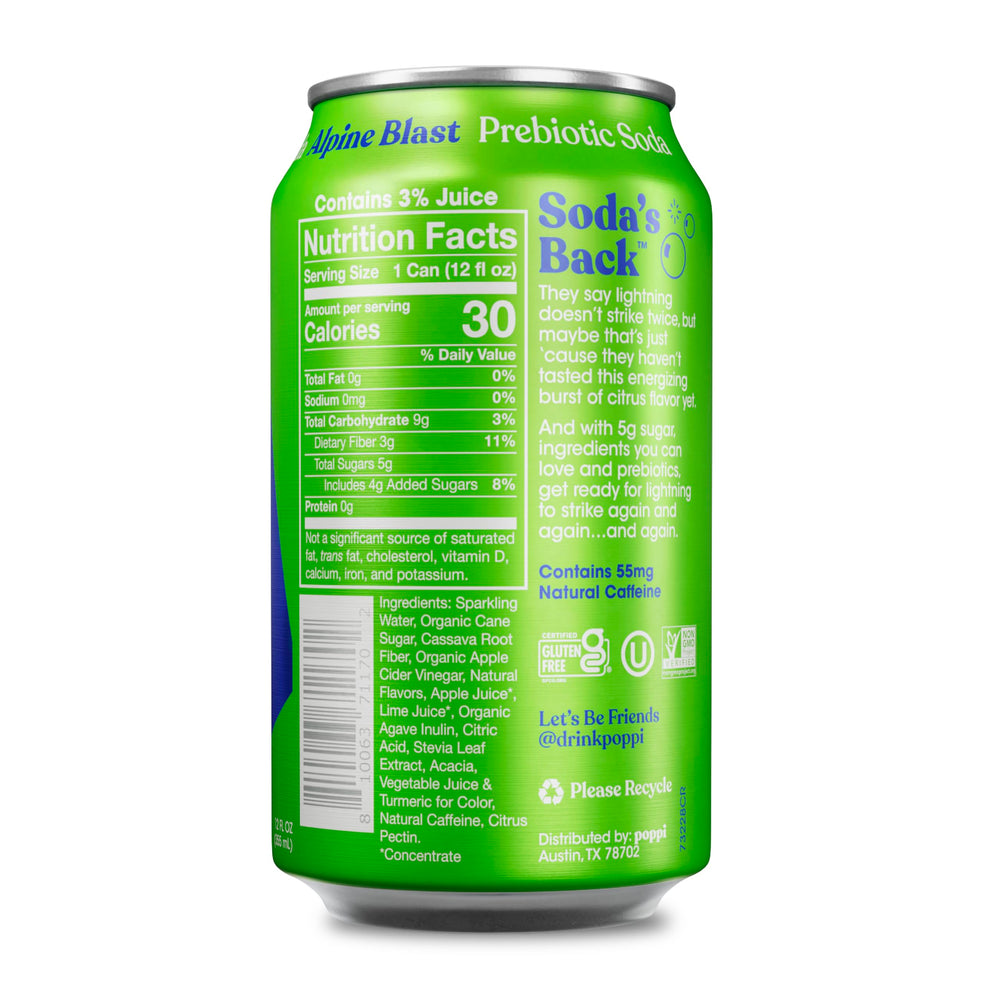 Poppi Alpine Blast bottle angled, showcasing natural caffeine and fruity flavor.