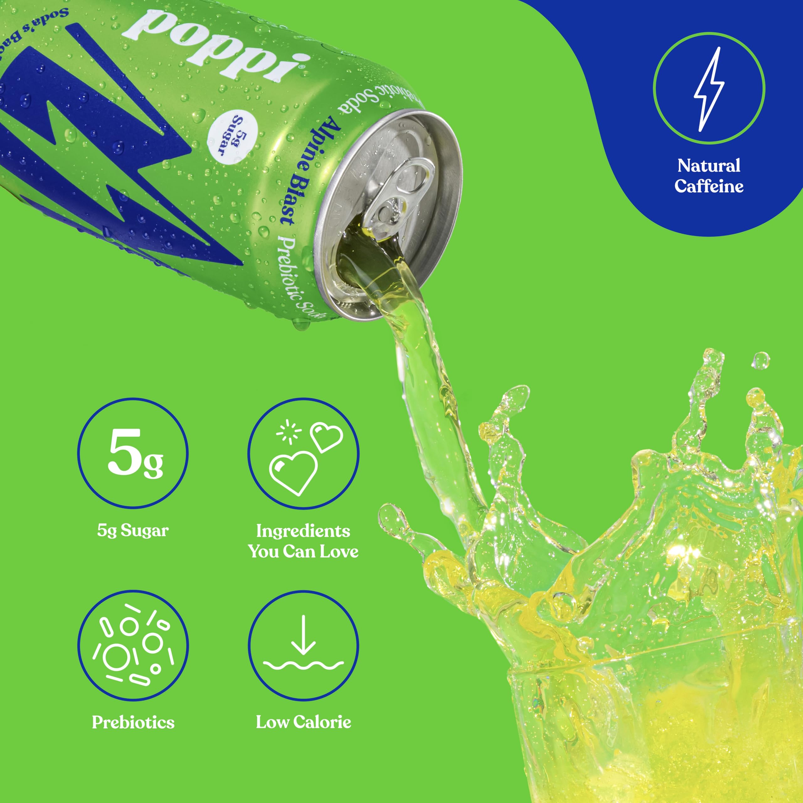 Poppi Alpine Blast can color-rich design, signaling zero artificial additives.