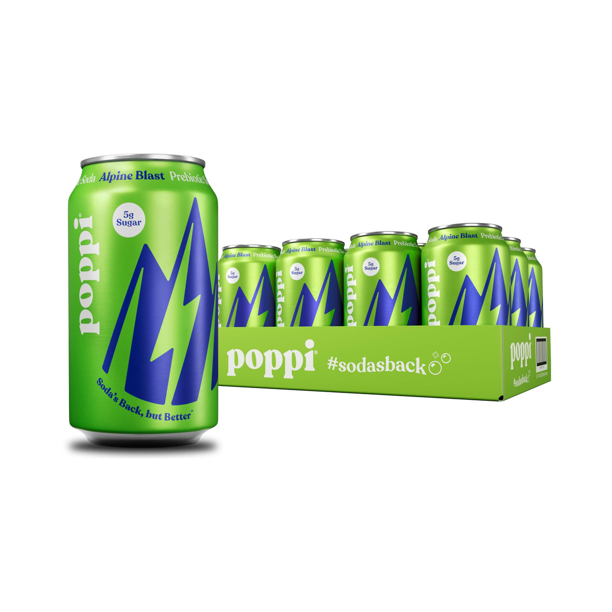 Poppi Alpine Blast can side view, prebiotic sparkling soda for daily refreshment.