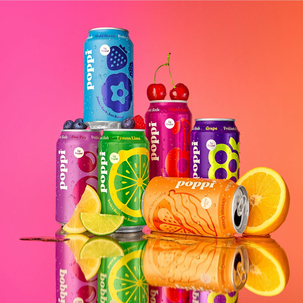 Poppi Cherry Cola and Doc Pop close-up flavor shot