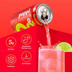 Poppi Cherry Limeade ingredients visual featuring agave inulin and cassava fiber.