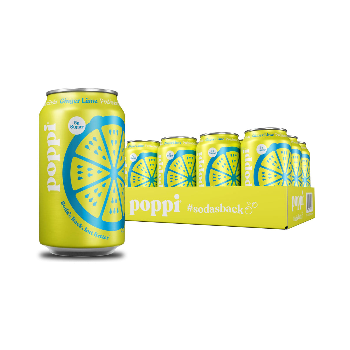 Poppi Ginger Lime sparkling soda bottle with a vibrant label for a refreshing daily prebiotic treat.