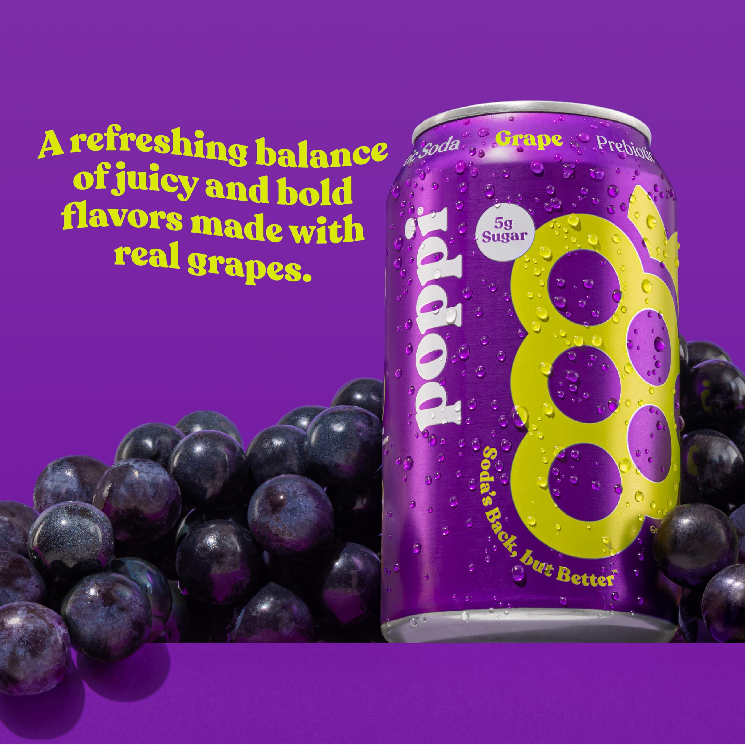 Poppi grape sparkling soda being poured reveals crisp fruity sip
