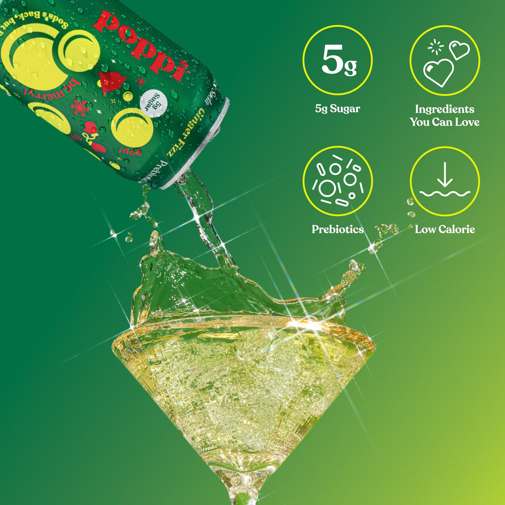 Poppi Holiday Ginger Fizz 12-pack display, ideal for sharing at gatherings.