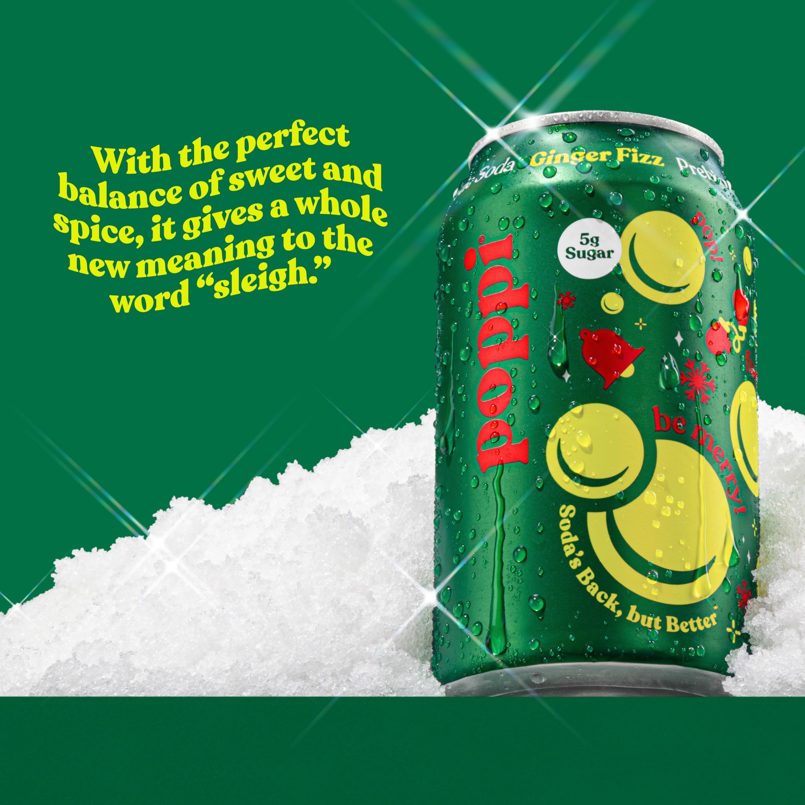 Poppi Holiday Ginger Fizz glass pour shows sparkling amber soda, perfect as a mixer.