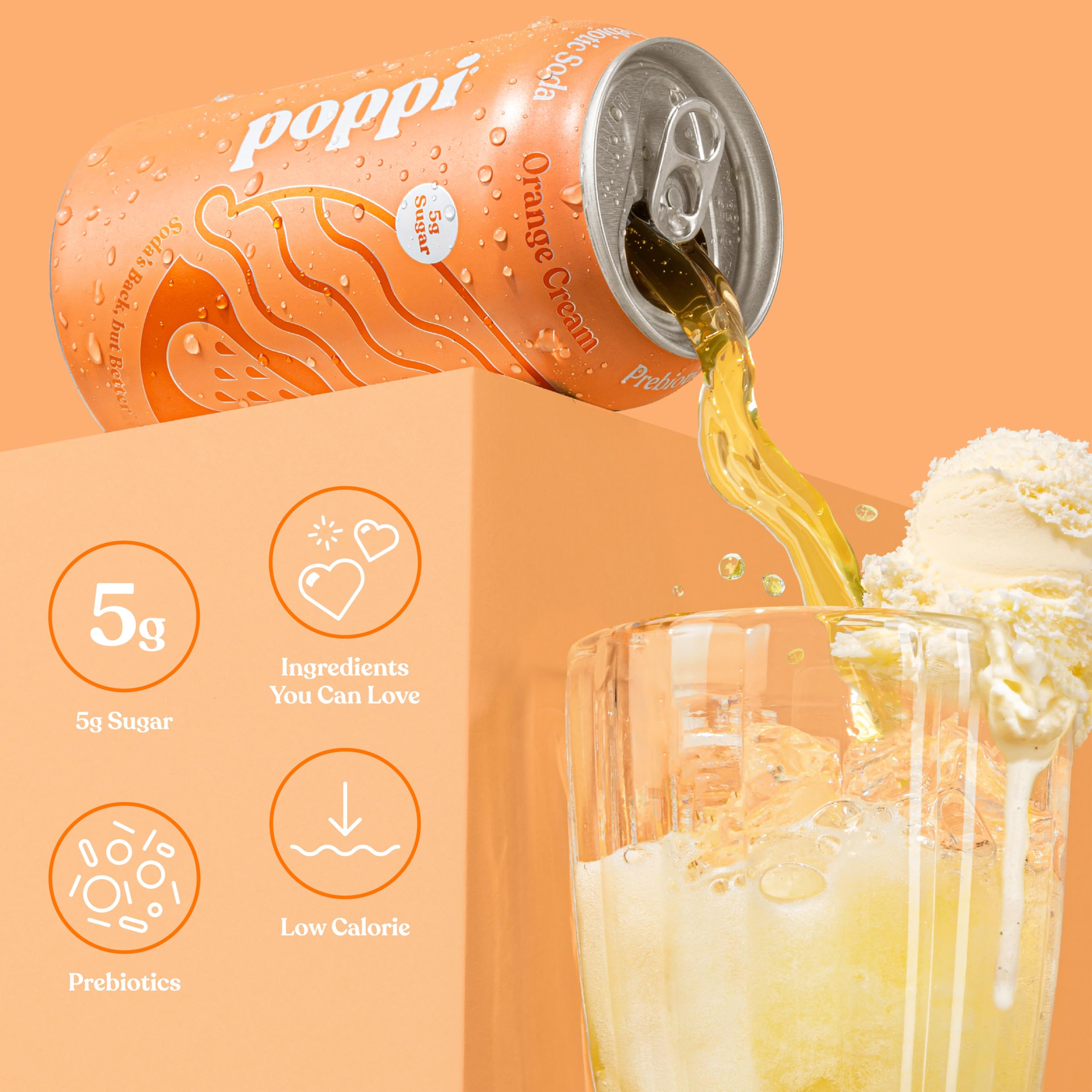 Poppi Orange Cream served in a glass to showcase sparkle and flavor balance