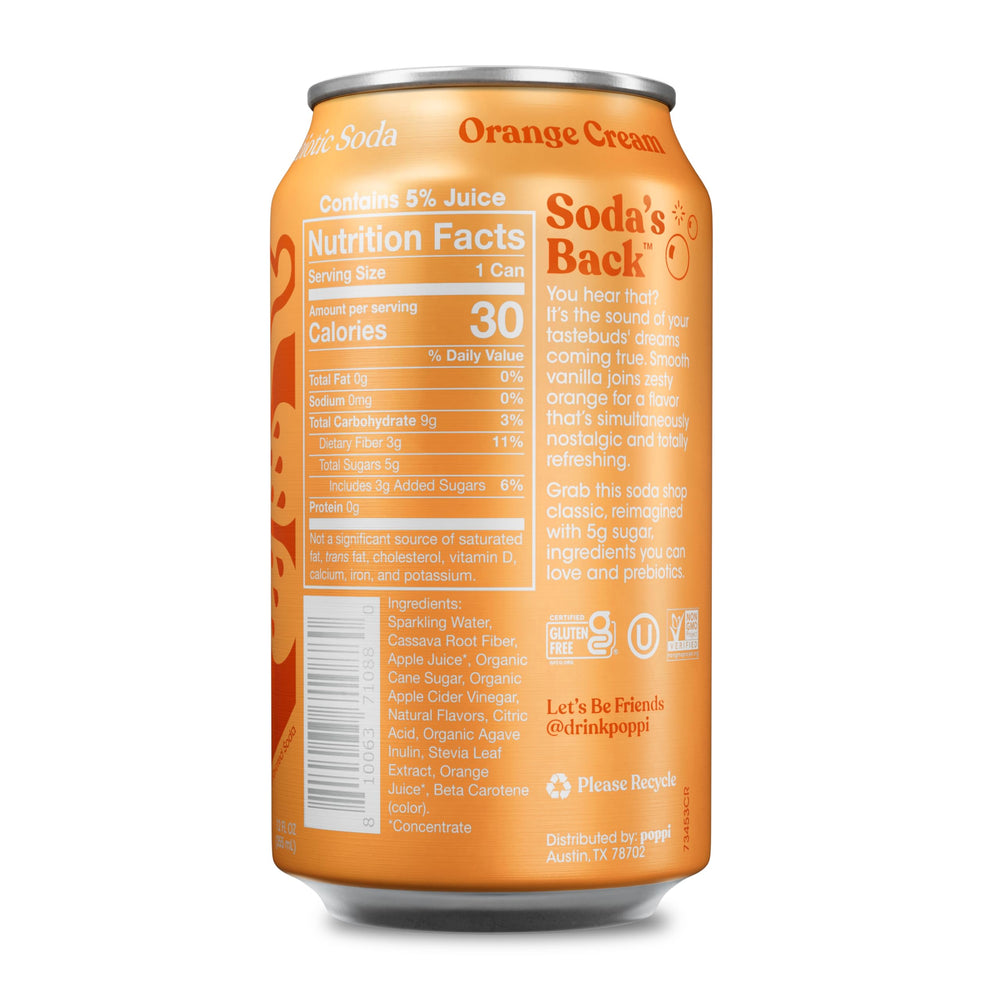 Poppi Orange Cream label close-up highlighting natural ingredients and bright color for snacking