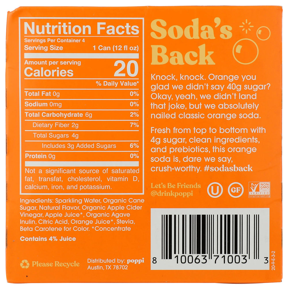 Close-up of Poppi Orange can highlighting vibrant flavor and packaging.
