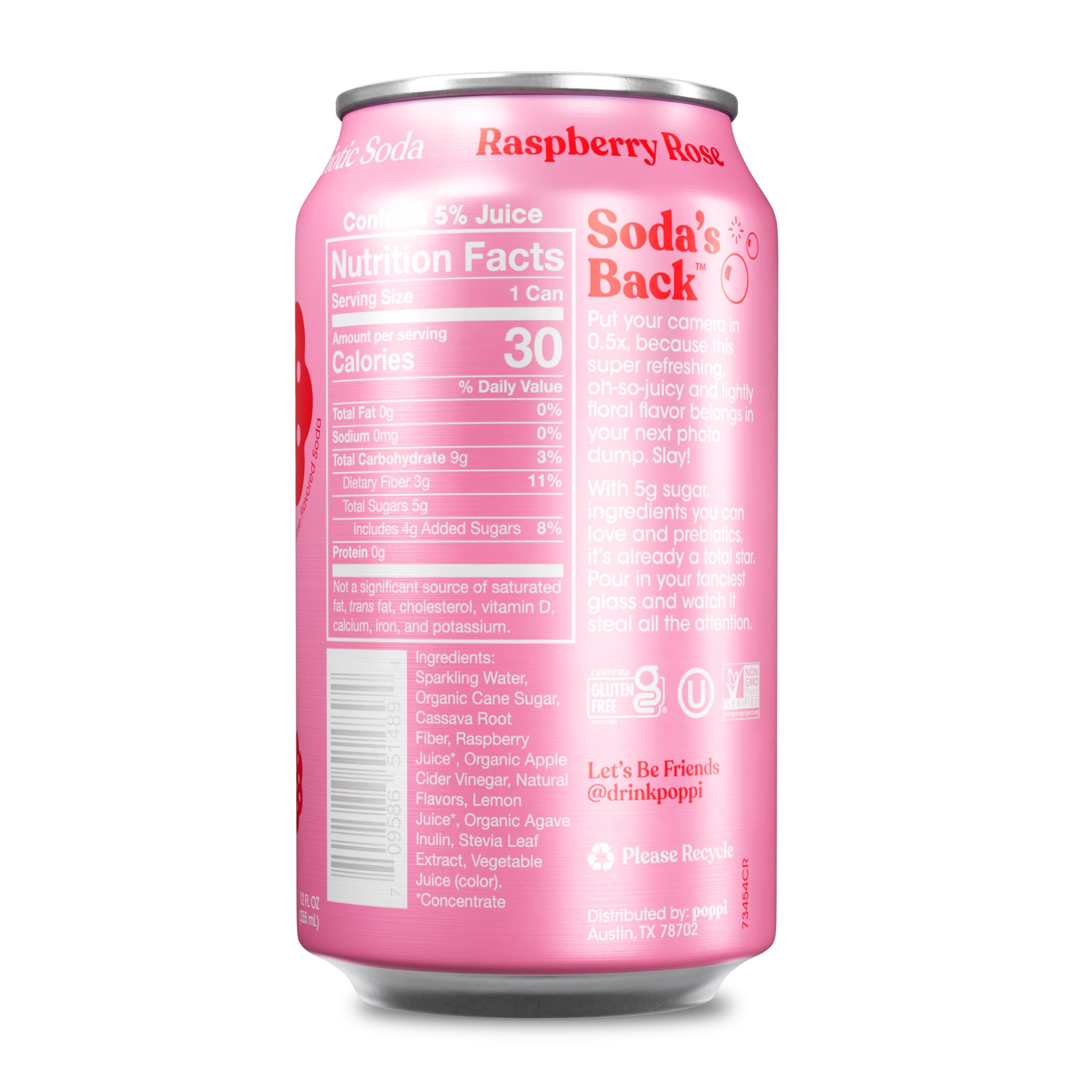 Poppi Raspberry Rose can front shows vibrant color and 12-pack convenience.