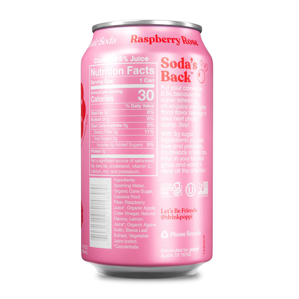 Poppi Raspberry Rose can front shows vibrant color and 12-pack convenience.