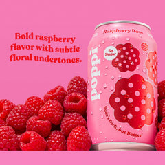 Poppi Raspberry Rose label closeup highlights natural ingredients and flavor notes.