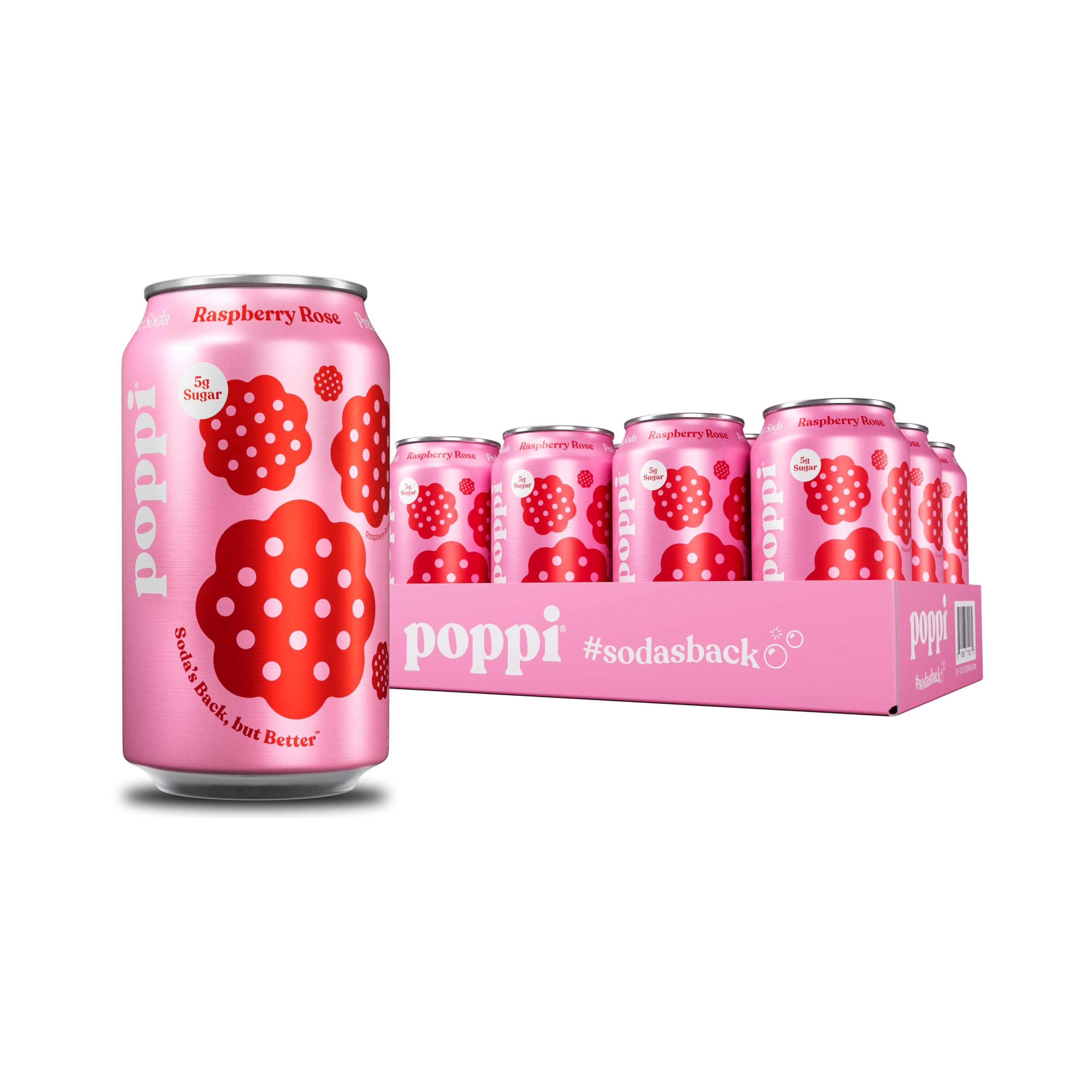 Poppi Raspberry Rose sparkling bottle displays bright, refreshing prebiotic soda for everyday sipping.