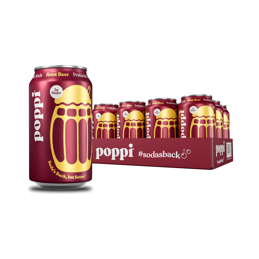 Poppi Root Beer can with bubbles, ideal for a quick refresh.