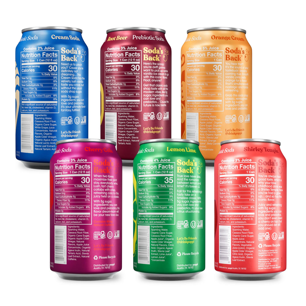 Poppi Root Beer can, classic flavor with prebiotic fiber.