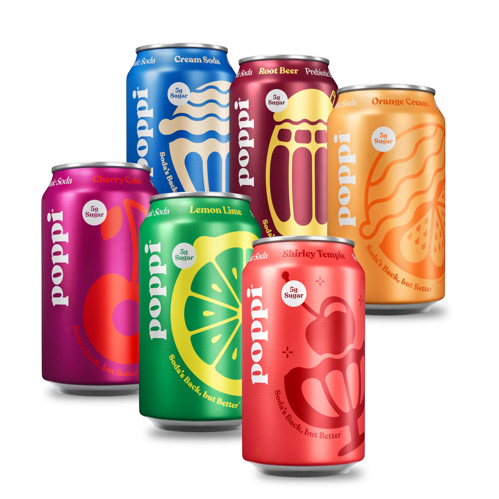 Poppi Shirley Temple can, vibrant and refreshing prebiotic soda.