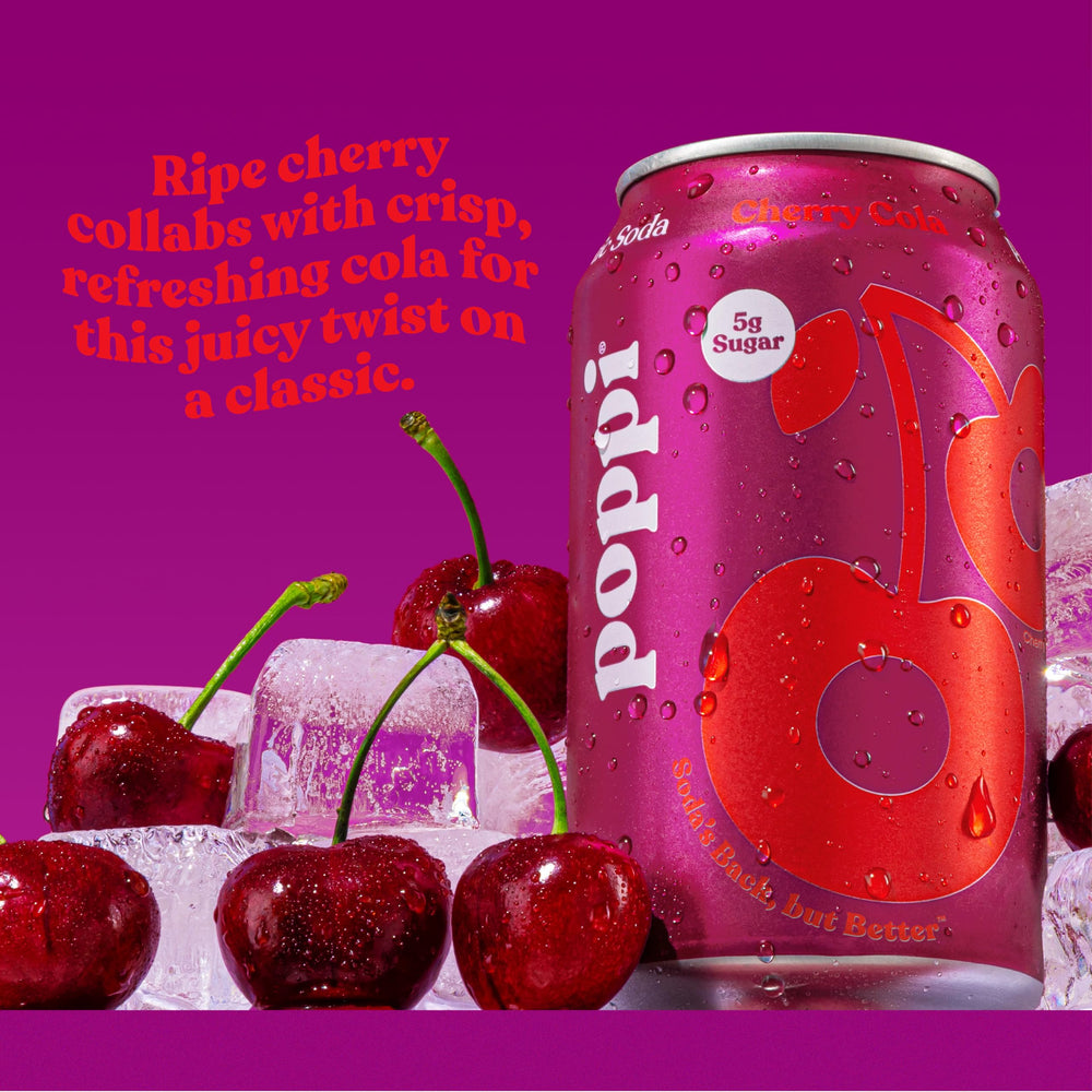 Pouring Poppi soda into a glass shows fizz and fruit juice content