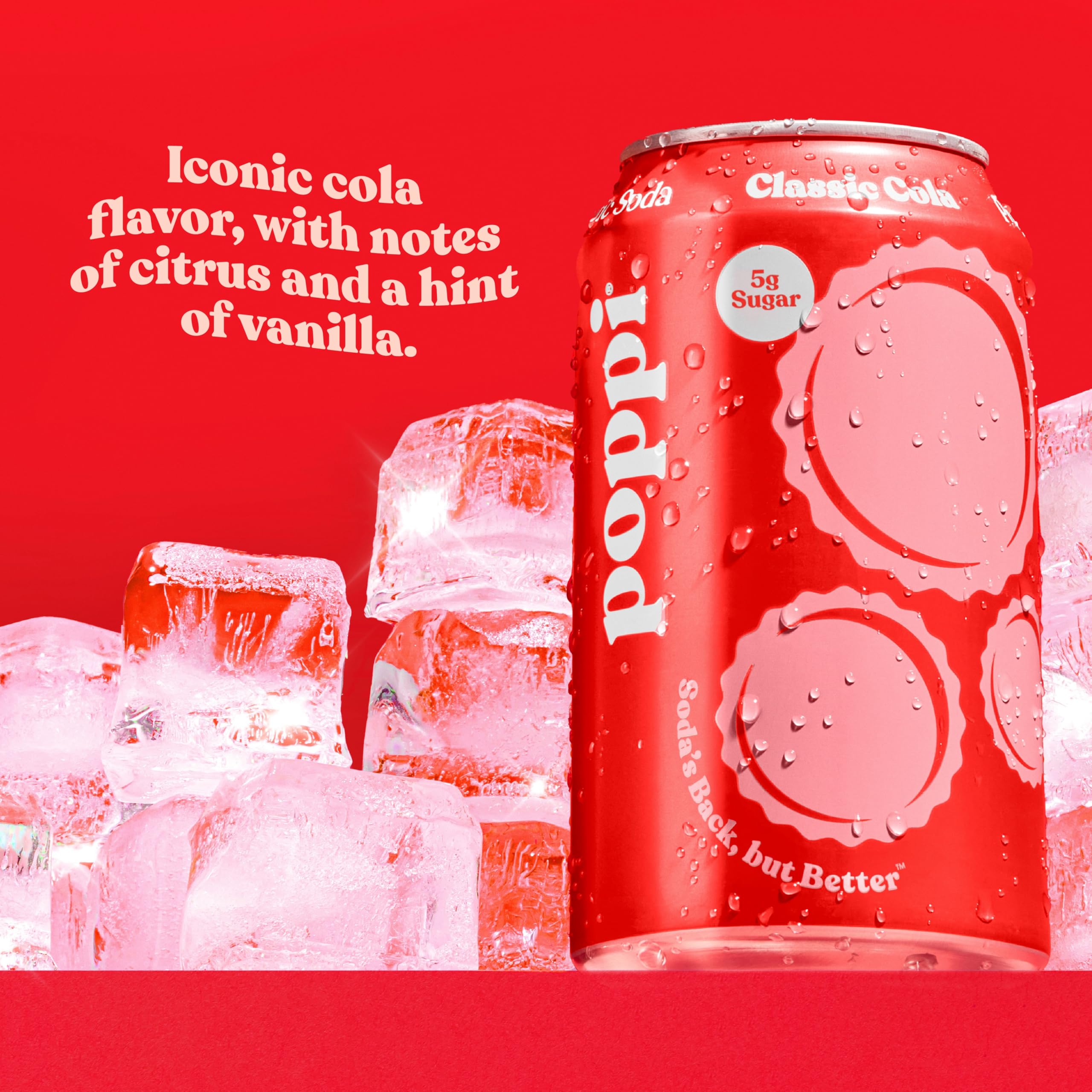 Poppi prebiotic soda glass with apple cider vinegar infusion emphasizing tangy, refreshing flavor