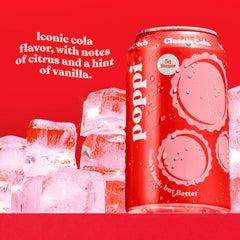 Poppi prebiotic soda glass with apple cider vinegar infusion emphasizing tangy, refreshing flavor