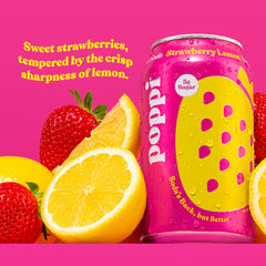 Close-up of Poppi Strawberry Lemon can, highlighting a low-sugar option.