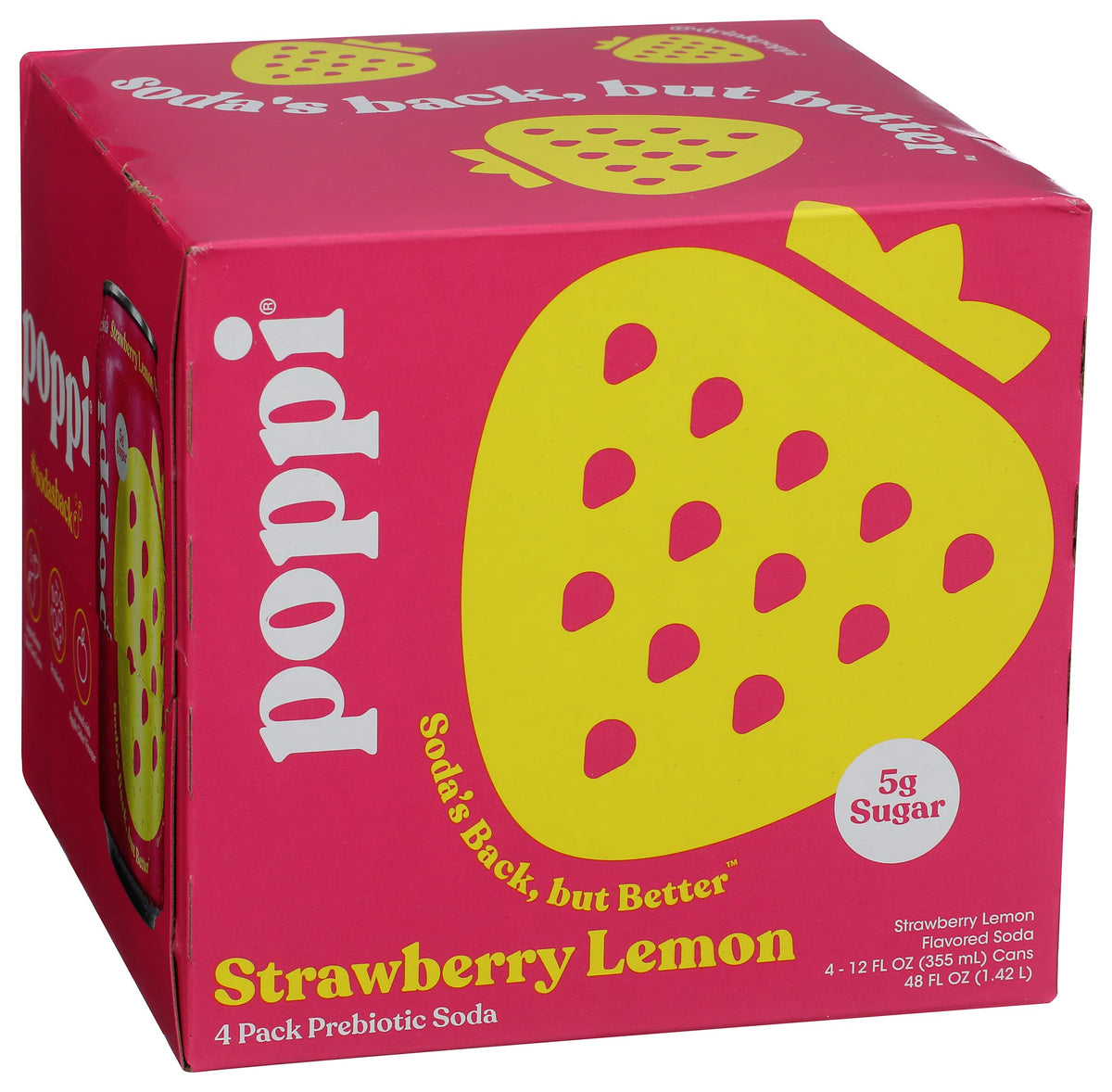 Poppi Strawberry Lemon bottle front, refreshing prebiotic soda option.