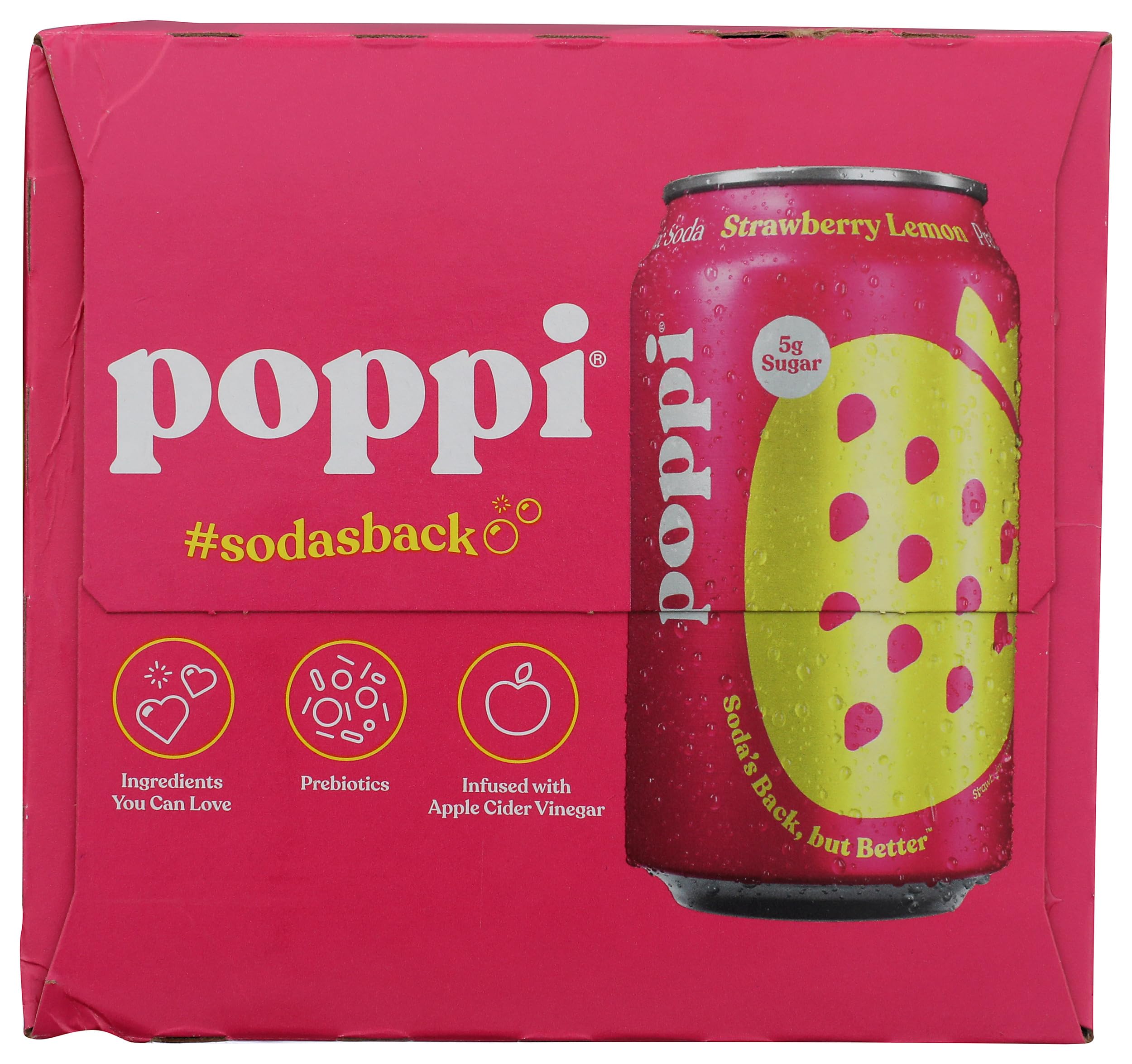 Poppi Strawberry Lemon label closeup highlighting natural ingredients.